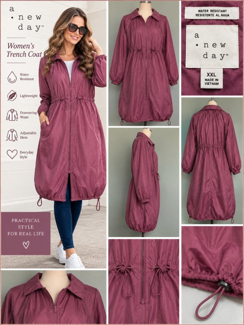 A New Day Mauve Water Resistant Trench Coat Women’s XXL Drawstring Waist Hem